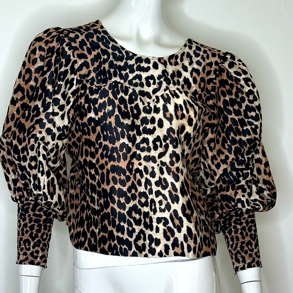 GANNI Cedar Tie Back Leopard Print Puff Sleeve Top Linen and Silk  SZ 38